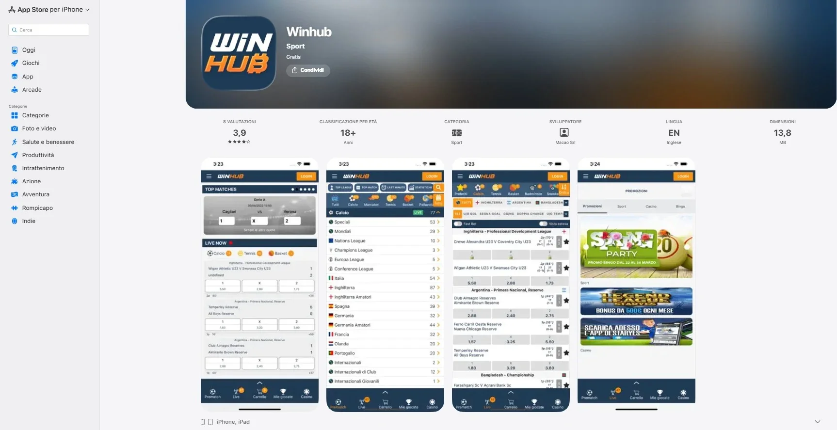 Scheda dell app WinHub su Apple App Store Italia